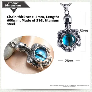 Macro detail of skull pendant with blue eye in 316L steel with size measurements