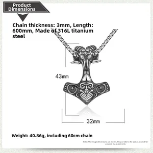 Détail du pendentif Viking tête de bélier Mjolnir en acier inoxydable 316L vintage