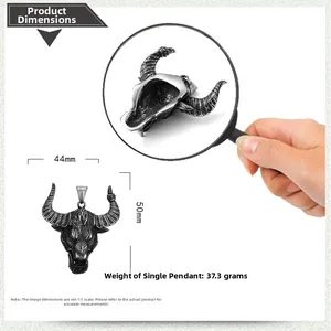 Detailed dimensions of bull head steel pendant: 44mm wide, 50mm high, 37.3g weight
