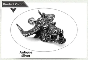 Detailed view of retro bull head pendant in antique silver finish made of titanium steel