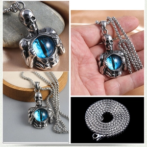 Gothic punk skull necklace with blue evil eye pendant on stainless steel chain