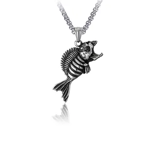 Vintage silver piranha fish bone pendant necklace for men with gothic punk eagle claw style
