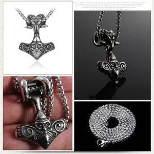 Collier vintage Mjolnir en acier inoxydable avec totem bélier et chaîne de 60cm