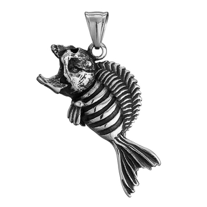 Retro punk fishbone skull pendant necklace with vintage oxidized metal finish on white background