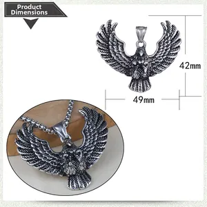 Detail view of retro eagle wing pendant necklace showing 49mm width and 42mm height measurements