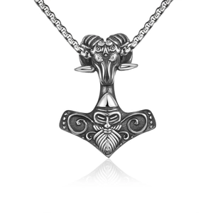 Collier marteau de Thor viking en acier inoxydable avec totem de chèvre et relief barbu
