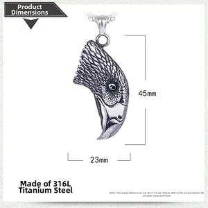 Detail view of 316L titanium steel eagle head pendant with dimensions 45mm by 23mm