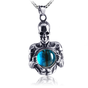 Punk Gothic Skeleton Pendant Necklace Stainless Steel Retro Blue Evil Eye Skull Jewelry For Hip Hop Party Men Women
