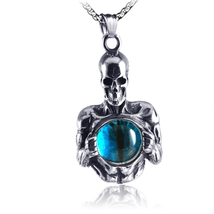 Hip hop style skull necklace with blue nebula stone inlay and stainless steel chain