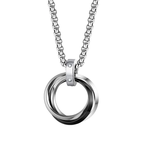 Collier avec pendentif à trois anneaux entrelacés et détails en cristal argenté et noir mat