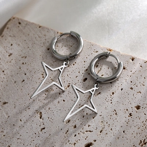 Titanium steel tassel hoop earrings with hollow star pendant on natural stone base