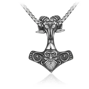 Collier Pendentif Marteau de Thor Viking Vintage Acier Inoxydable Tête de Bélier Mjolnir Bijoux Mythologie Nordique Homme