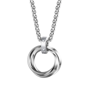 Collier moderne en acier inoxydable argenté avec trois anneaux entrelacés et zircons