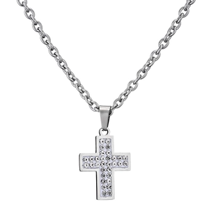 Collana hip hop in acciaio inossidabile argento con ciondolo a croce e cristalli lucenti