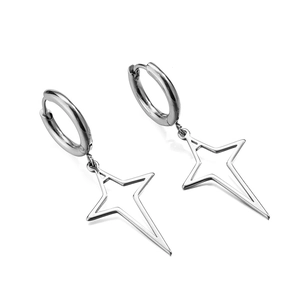 Polished silver stainless steel hoop earrings with hollow four-pointed star pendants