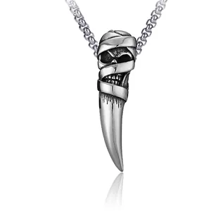 Collier Pendentif Croc de Serpent Crâne en Acier Inoxydable Gothique Hip Hop Pendentif Dent de Loup Rétro Argent Bijoux Hommes