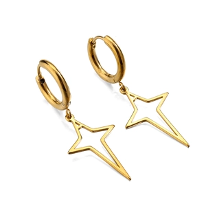 Polished gold stainless steel hoop earrings with hanging hollow star pendant charms