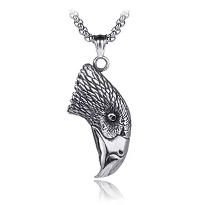 Retro Eagle Head Pendant Necklace For Men Stainless Steel Punk Gothic Hip Hop Animal Carved Jewelry Gift Antique Silver