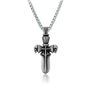 Retro gothic stainless steel cross sword pendant necklace with skull for men on box chain