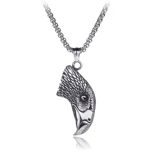 Vintage stainless steel eagle head pendant necklace with thick chain in retro silver finish