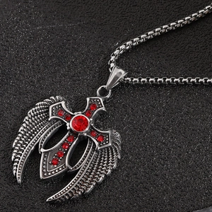 Collier Pendentif Croix et Aile en Acier Inoxydable 316 Gothique Strass Rouge Vintage Hip Hop Décapsuleur Bijoux pour Hommes Femmes