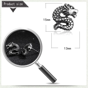Detail showing 15mm x 13mm stainless steel dragon earrings with vintage texture