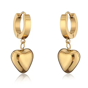 Punk Hip Hop Titanium Steel Heart Pendant Hoop Earrings For Women High Polished Gold Silver Stainless Steel Earring Post Rock Jewelry