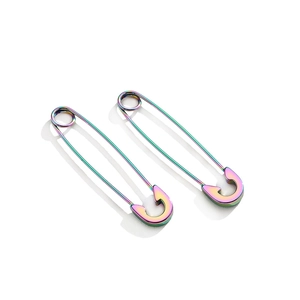 Rainbow iridescent stainless steel safety pin earrings in punk hip-hop style for unisex