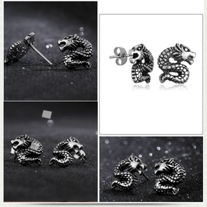 Gothic dragon stud earrings in oxidized stainless steel with detailed dragon scales texture