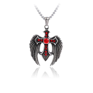 Collier avec pendentif croix gothique en acier inoxydable, cristaux rouges et ailes