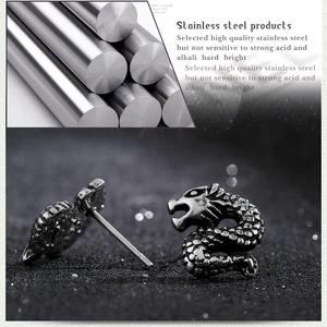 Dragon head stainless steel earrings with detailed scale engraving and dark grey finish