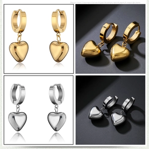 Polished stainless steel heart dangle earrings in gold and silver finishes, four-view showcase