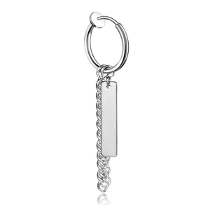 Polished stainless steel clip-on earring with long tassel chain and rectangle tag pendant