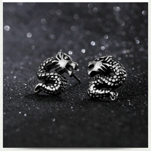 Minimalist stainless steel dragon hoop earrings with vintage silver scale texture detail