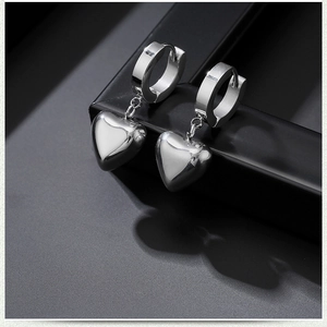 Polished titanium steel heart pendant hoop earrings in minimalist punk hip-hop style