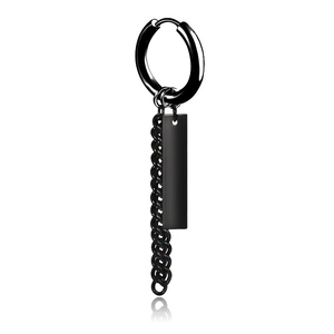 Cool black stainless steel hoop earring with tassel chain and rectangular dog tag pendant