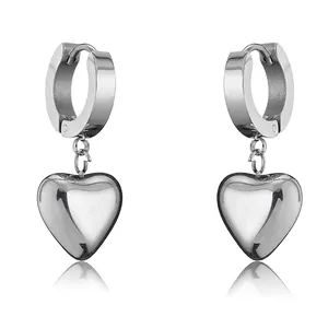 Polished silver heart drop earrings in durable stainless steel with reflective finish