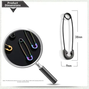 Detail view of punk safety pin earring in titanium steel with 38mm length dimensions