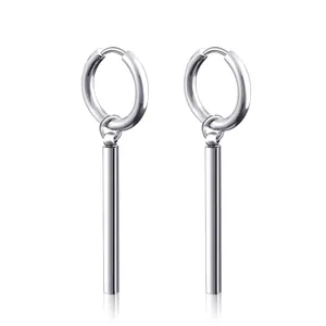 Pair of punk style stainless steel dumbbell drop earrings for men in silver finish