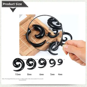 Size chart showing 10mm to 4mm black spiral snail ear gauges and jewelry dimensions