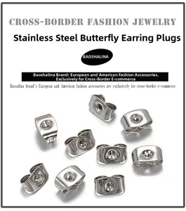 Detailed view of stainless steel butterfly earring backs in shiny silver finish
