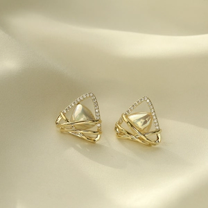 Elegant gold triangle stud earrings with sparkling rhinestones and iridescent pearls