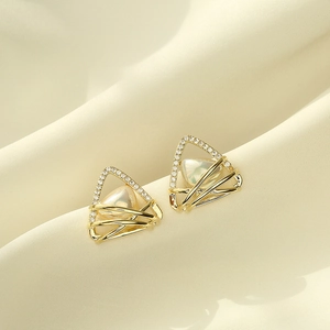 Golden triangle stud earrings with sparkling pavé zircons and opal stone inlay