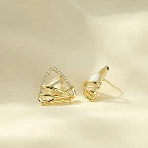 Elegant gold triangle fringe earrings with rhinestones and pear-shaped opal stones