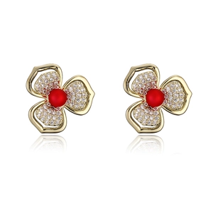Elegante Retro Blume Ohrstecker Mit 925 Sterlingsilber Ohrstecker-Stift Rote Künstliche Perle Strass Eingelegt Gold Legierung Schmuck Für Damen