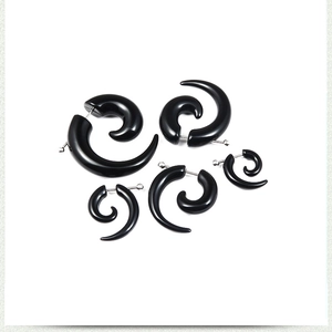 Detailed size comparison of five black spiral horn snail earrings on white background