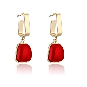 Women Geometric U Shape Alloy Stud Earrings With Artificial Pearl And Red Cherry Style Drip Oil Decoration Fashion Jewelry
