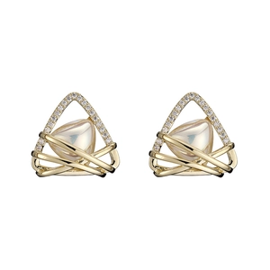 Golden geometric triangle tassel earrings with sparkling crystals and pearl drop embellishment