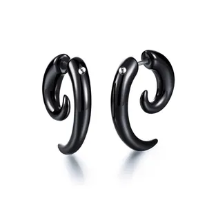 Pair of glossy black acrylic spiral ox horn stud earrings with smooth mirror finish