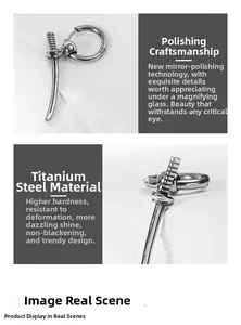 Macro detail of silver titanium steel sword earring with a mirror polished finish